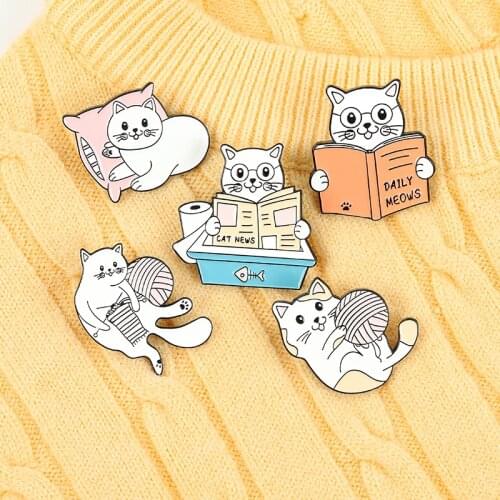 Hey cat series pillow basketball reading cute cat shape brooch unisex pin enamel Bag accessories Jewelry Gifts for students