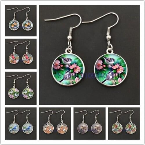 Cute bird animal round glass photo ladies earring cabochon dome DIY jewelry making earrings female girl party decoration