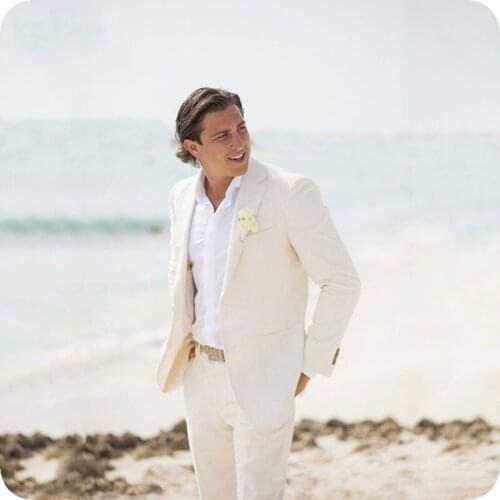 Latest Coat Pant Designs Summer Linen Ivory Men Suits Beach Blazer Wedding Suits Tuxedos Bridegroom Groom Wear 2piece Prom Party