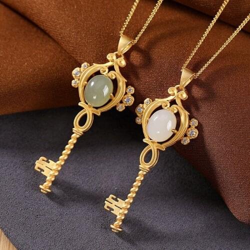 Original New Silver Inlaid Natural Hetian White Jade Pendant Necklace Chinese Palace Style Retro Craft Womens Brand Jewelry