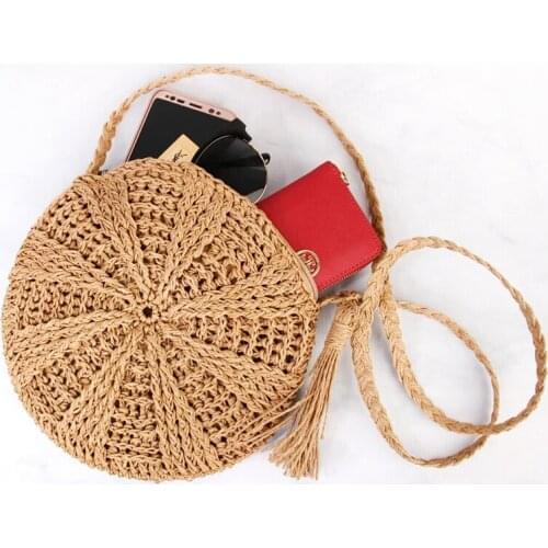 Rattan Crochet Straw Woven Basket Bali Handbag Round Circle Crossbody Shopper Beach Tote Bag Light Brown