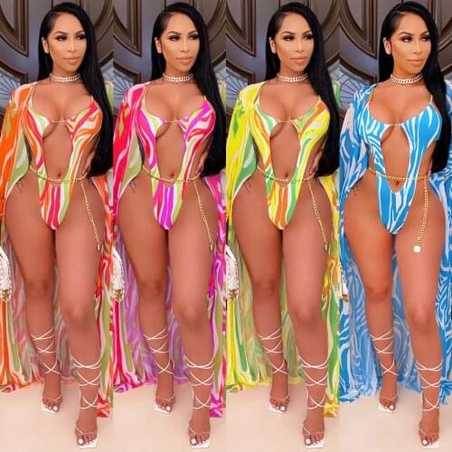 SUJYing Sexy Bikini Three-Point Hollow Out Sling Set Long Sleeve Shawl Beach Suit