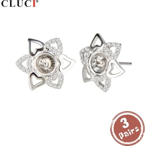 CLUCI 3 pair wholesale 925 Sterling Silver Flower Earrings for Women Silver 925 Pearl Earrings Mounting Stud Earrings SE028SB