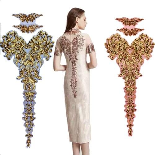 Mesh Sequins Gold Thread Phoenix Pataches Cuff Collar Badges Embroidery Cloth Sew on Applique Dress Stage Decoration 1 set