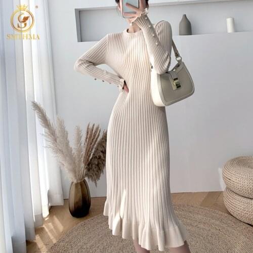 SMTHMA 2021 New Autumn Winter Long Knit Women Sweater Dress Casual Fashion Pullover Midi Trumpet Mermaid Dresses