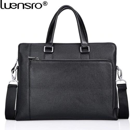 LUENSRO Genuine Leather Bag Men Bag Cowhide Men Crossbody Bags Mens Travel 14 inch Shoulder Bags Tote Laptop Briefcases Handbag