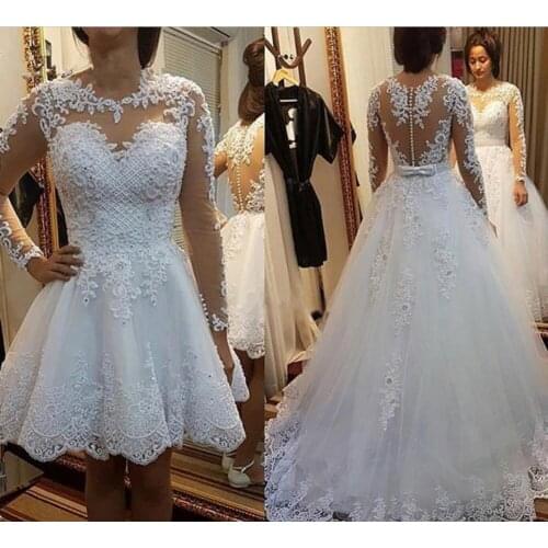 Detachable train Lace Appliques Pearls Bridal Gowns 2 en 1 Vestido De Noiva Illusion Ball Gown Wedding Dresses 2019 Custom Size