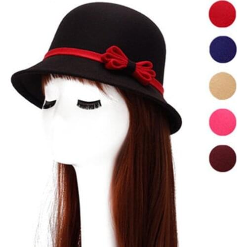 Faux wool felt top hat fashion three-circle bowknot basin hat autumn and winter ladies tweed hat wholesale