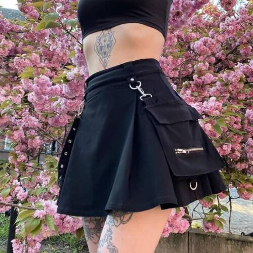 WomenS 2021 summer Gothic Punk Mini Skirt Cool Girl High Waist Black Skirt With Belt Pockets Decorative Pleated Short Skirt