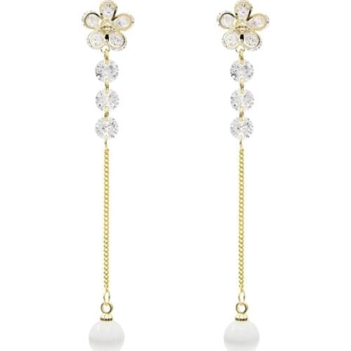 Needle Zircon Flower Shape Rhinestone Long Gold Copper Chain With Enamel Pendant Dangle Earrings For Women Party Jewelry