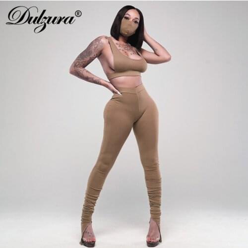 Dulzura Ribbed Women 2 Pieces Stacked Pants Set Bra Crop Top High Waist Trousers Slit Tracksuit Sporty 2020 Autumn Winter Outfit