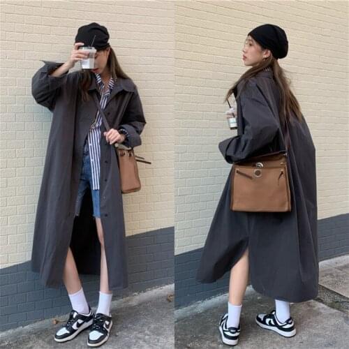 Women Autumn Gray Long Trench Coat Single Breasted Oversized Windbreaker Simple Outerwear Female Solid Color