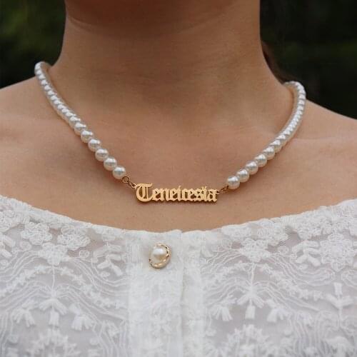 Personalized Name Custom Necklaces for Women Pearl Choker Stainless Steel Old English Nameplate Necklace Gothic Jewelry Wedding