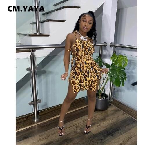 CM.YAYA Women Dress Leopard Print Sleeveless Spaghetti Strap Bandage Hollow Out Sheath Elastic Mini Dresses Sexy Night Outfit