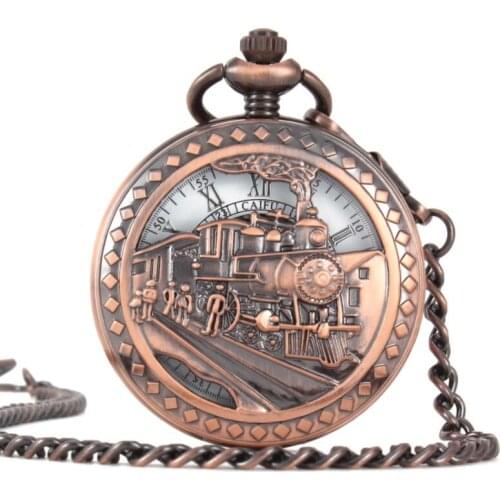 10pcs/lot Antique Steampunk Red Hollowed Train Mechanical Pocket Watch with Chain Men Women Pocket Watches Collection