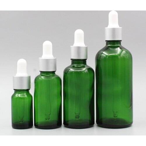 2/10pcs 5ml 10ml 15ml 20ml 30ml 50ml 100ml Empty Transparent Green Glass Dropping Bottle with Silver Aluminum White Rubber Head