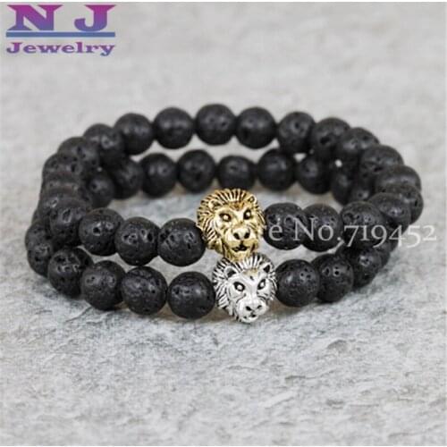 2015 Hot Sale Mens Jewelry Wholesale 8mm Black Lava Energy Stone Beads Antique Silver Gold Head Bracelets Party Gift