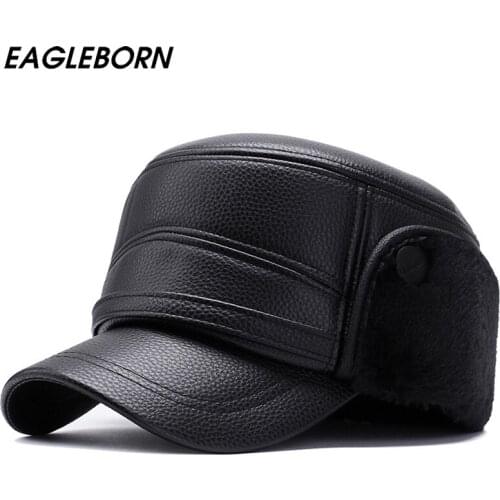 2021 Winter Men Cap Russian Bomber Hat Fur Bomber Ushanka PU Flat Winter Hat for Men Ear Protection Cold Protection Gaffer Hats