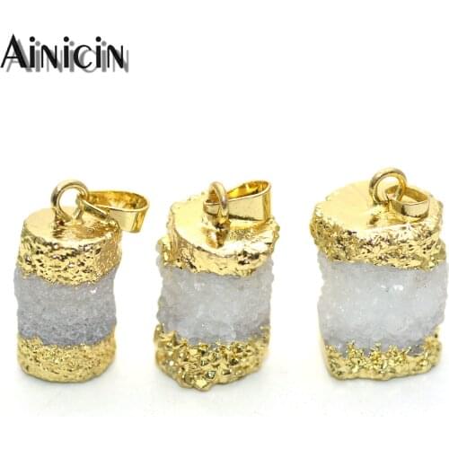 New Natural Druzy Crystal Cylinder Shape Double Gold Plating Drusy Pendants Fashion Earrings Necklace Making Findings 5pcs