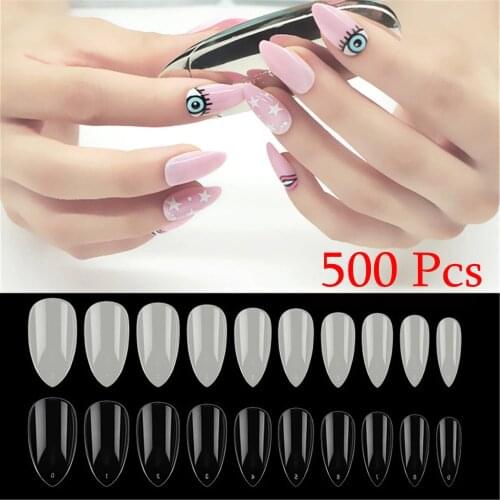 500pcs Stiletto Pointed Acrylic Nails Oval Short Artificial Nail Tips Plastic Full False French Nail Art Tips Fake Nails