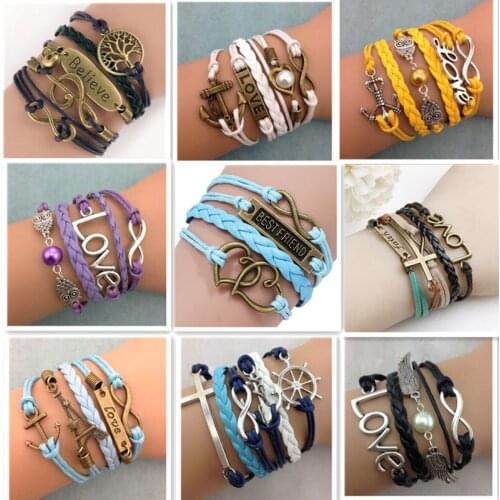 60pcs/lot Retro Multilayer Leather Bracelets For Women Fashion Hand Woven Charm Bangles Jewelry Mix Style Wholesale