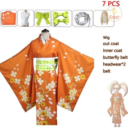 7 PCS Hiyoko Saionji Cosplay Costume Yellow Wig Danganronpa Goodbye Despair Dancer Hiyoko Kimono Carnival Dress Set for Women