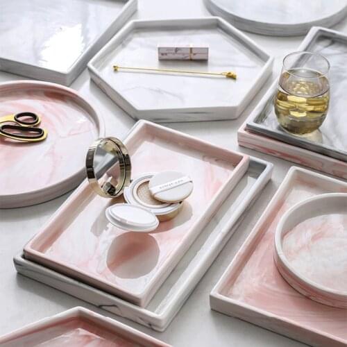 Acrylic Ceramic Gray Pink Personalized Marble Designs Porcelain Bedside Storage Service Tray Holder Jewelry Plate