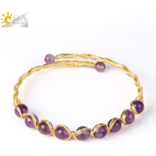CSJA Natural Stone Round Beads Bracelet Wire Wrapped Copper Malachite Amethysts Open Cuff Bangles Women Gold Color Jewelry G812