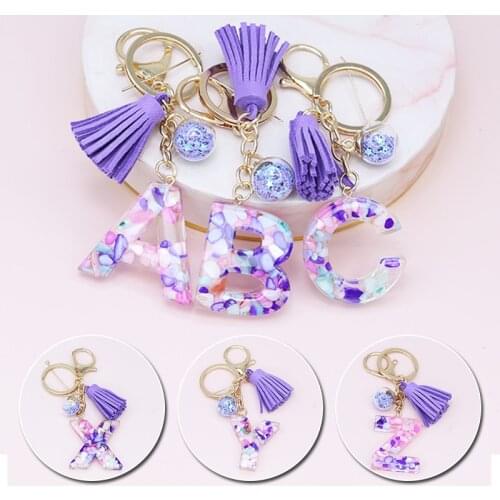 Women Creative Letter Liquid Keychains 26 Glitter English Alphabet Ball Car Bag Tassels Pendent Crystal Glitter Ball Keyring