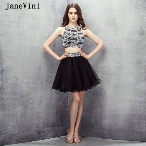 JaneVini Sexy Black A Line Two Pieces Short Homecoming Dresses 2019 Luxury Pearls Sleeveless Tulle Plus Size Mini Formal Gowns