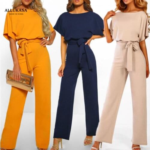 Jumpsuit Casual Short Sleeve Solid Color Playsuit Round Neck High Waist Elegant Lace-up Jumpsuit Romper 2020 top Womens Summer