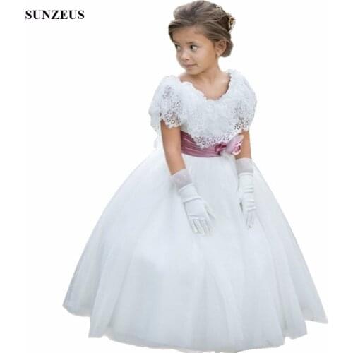 Beautiful Lace Cap Sleeve Flower Girl Dress Ball Gown Floor Length Long Ivory Tulle Party Dress vestito comunione bambina FLG049