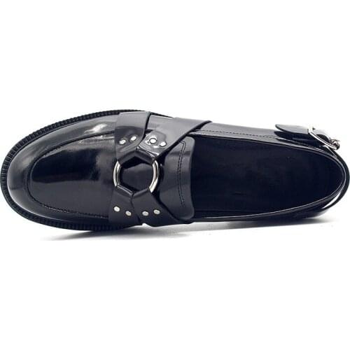 New Fall Winter Metal buckle Slip on Loafers Cow Full Grain Leather Platform Wedding Party Dress Shoes