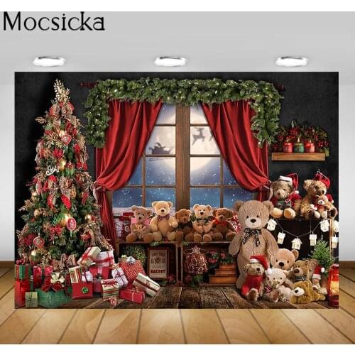 Mocsicka Christmas Backdrop Toys Bear Xmas Tree Gifts Wood Floor Photography Backgrounds Child Portrait Photo Shoot Window Moon