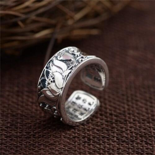 BESTLYBUY Real 990 Pure Silver Jewelry Lotus Flower Open Ring For Men Male Fashion Free Size Buddhistic Heart Sutra Rings Gift