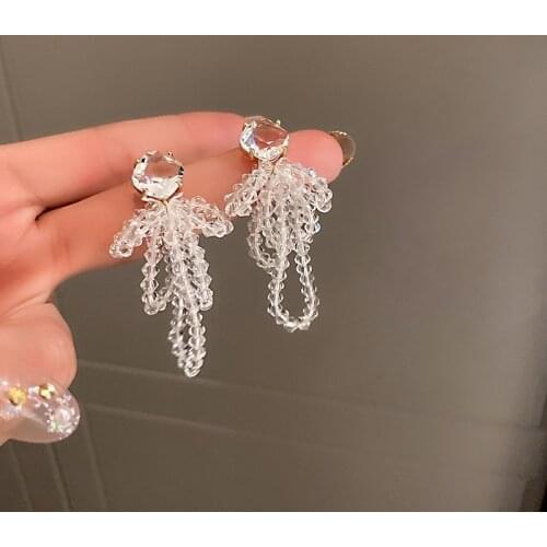 2021 Korean New Handmade Transparent Crystal Flower Tassel Earrings For Women Wedding Jewelry Bowknot Pendientes Mujer