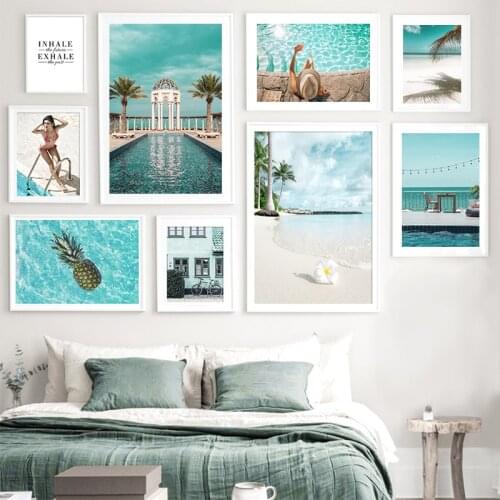 Sea Beach Pineapple Girl Swimming Pool Nordic Posters And Prints Wall Art Canvas Painting Wall Pictures For Living Room Decor