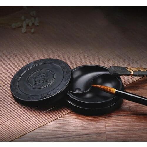 Practical Calligraphy Inkstone Tai Ji Shape Inkslab Round Inkstone with Lid