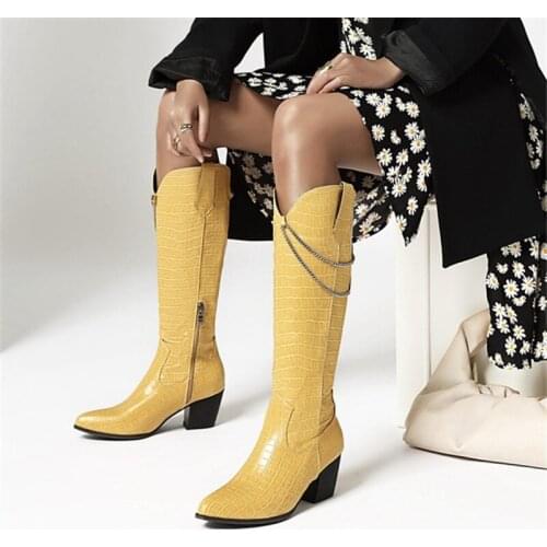 PXELENA Metal Chain Chunky Block Heels Knee High Boots Plus Size 34-45 Western Cowboy Riding Knight Motorcycle Punk Gothic Boots