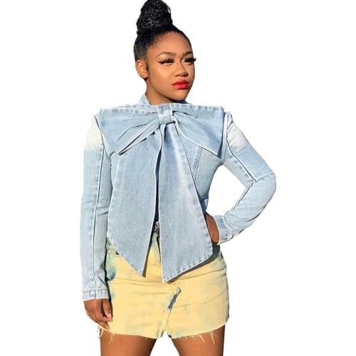 Plus Size Bow Collar Denim Jacket Coat Women Long Sleeve Cropped Jean Jackets Casual Button Sweet Jeans Coats Chaquetas Mujer