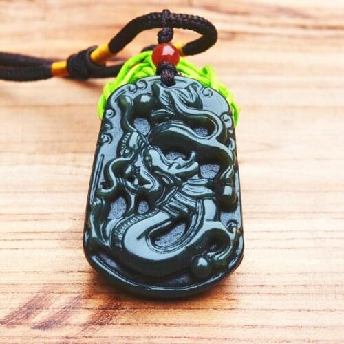 Certification)Natural Dark Green Nephrite Pendant Carved Chinese Dragon Pendant Necklace Amulet Gift for Mens Jade Jewelry