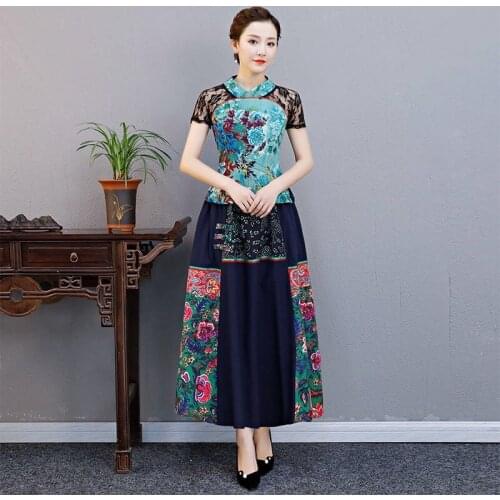 Traditional Chinese Clothing For Women Sexy Two Piece Cheongsam Qipao Patchwork Lace Ethnic Vintage Outfits For Women TA1467