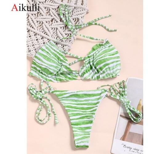 Sexy Green Stripes Bikini Swimsuit Women Thong Swimwear Push Up Bikini Set Brazilian Swim Bathing Suit Summer Beach Wear Biquini