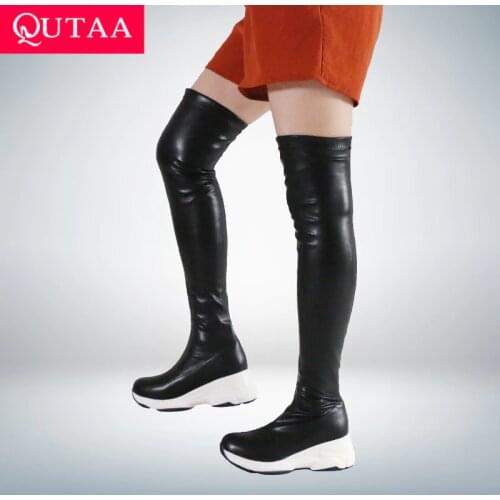 QUTAA 2021 Round Toe Autumn Winter Casual Women Shoes Stretch PU Over The Knee Boots Wedge Heel Long Women Boots Size 34-43