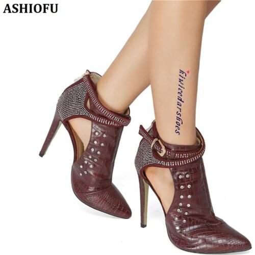 ASHIOFU Handmade Ladies High Heel Pumps Crystals Buckle Strap Party Prom Dress Shoes Office Daily Wear Fashion Court Shoes