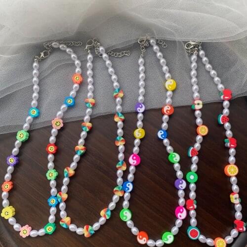 Korean Imitation Pearl Choker Necklace for Women Cute Sweet Girls Necklace Smile Face Heart Beads Necklace Jewelry