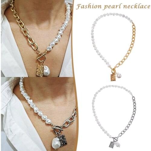 Vintage Baroque Irregular Pearl Lock Chains Necklace 2021 New Geometric Angel Pendant Love Necklaces for Women Punk Jewelry