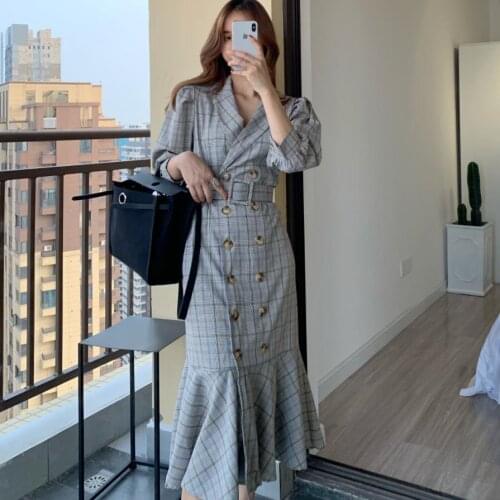 Plaid pattern retro double breasted Trumpet / Mermaid dress female high waist was thin big swing dress with belt F52