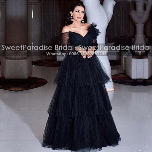 Chic Black Tulle Evening Dress With Long Sleeves Off Shoulder 2020 Tiered A Line Women Formal Prom Dresses Robe De Soiree