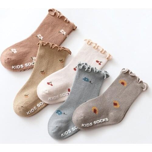 2 Pairs/lot Kids Girls Floor Socks Non-slip Children Baby Socks Flower Spring and Autumn Wooden Ears Girl Cotton Socks Fashion